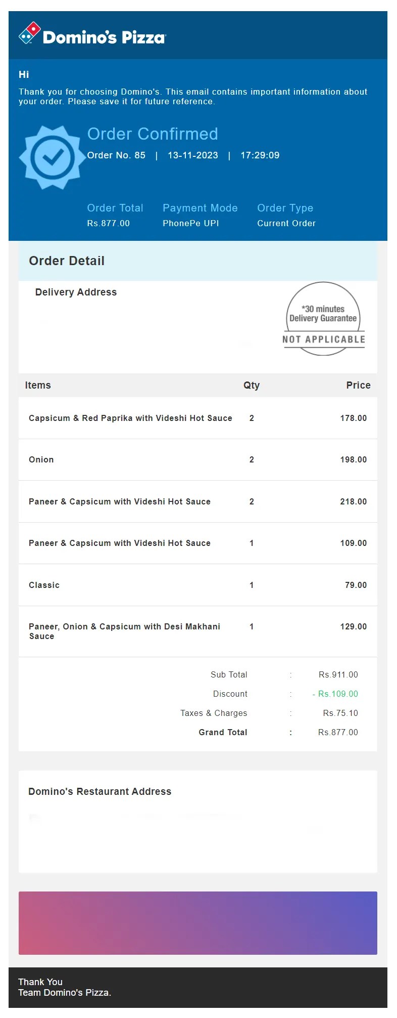 dominos order confirmation emailer