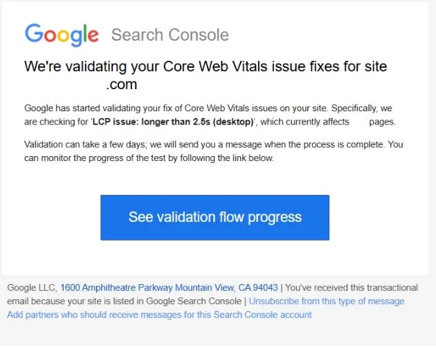 google search console - validating core web vitals