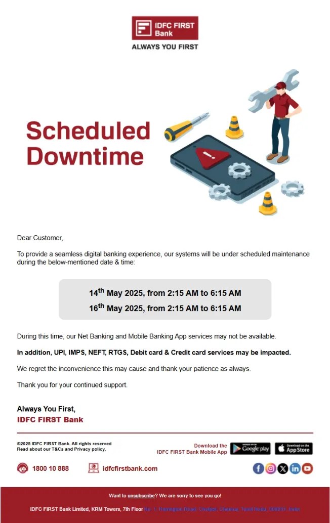 idfc downtime email