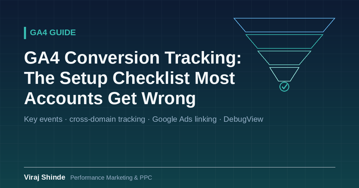 GA4 conversion tracking setup checklist showing key events, cross-domain tracking, and Google Ads linking