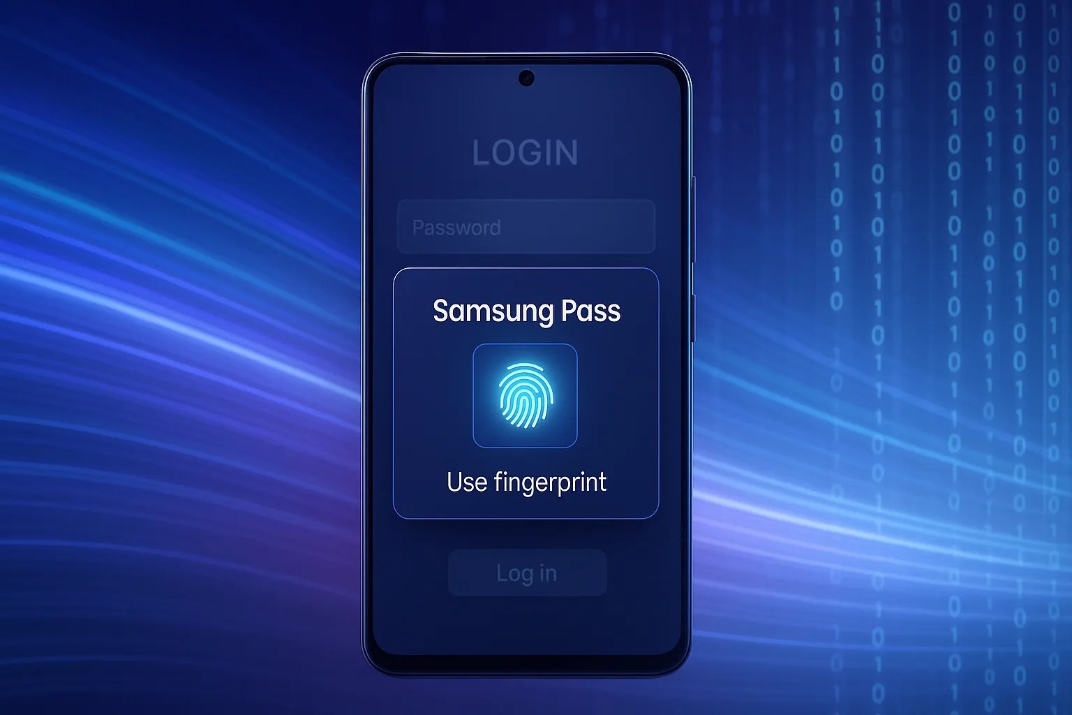 A graphic illustrating the security of Samsung Pass, showing a fingerprint on a digital padlock.