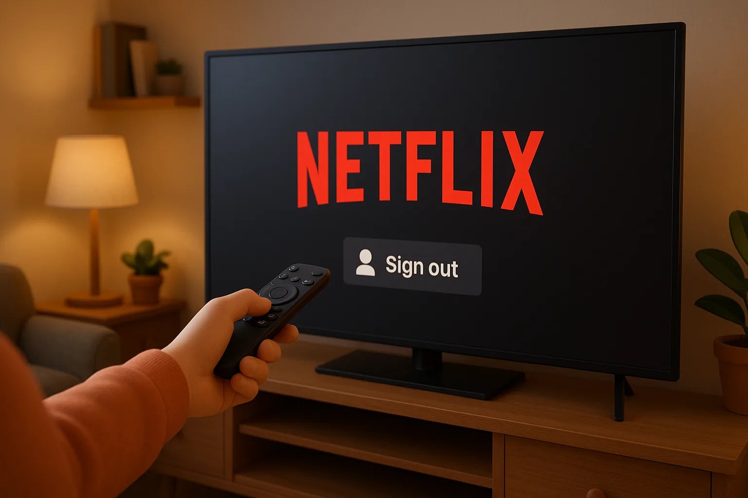 A person using a remote to log out of Netflix on a TV.