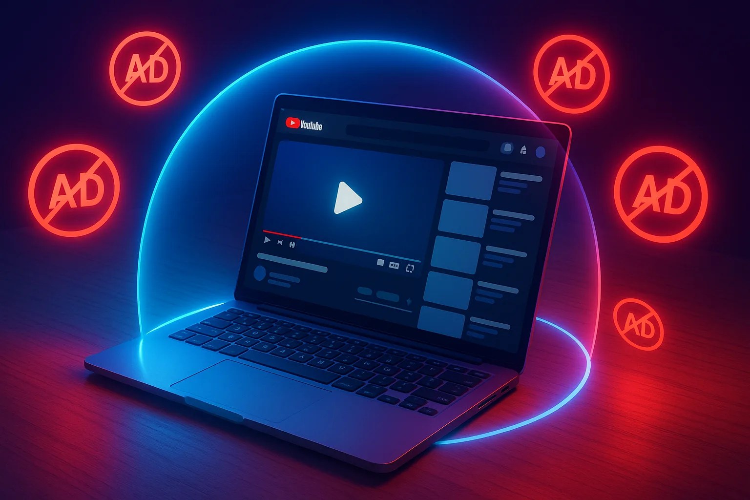 A guide on how to block ads on YouTube, showing a play button protected by a shield.