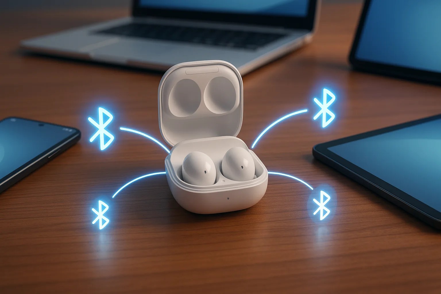 A guide on how to pair Samsung Galaxy Buds, showing the earbuds in their case ready to connect to other devices.