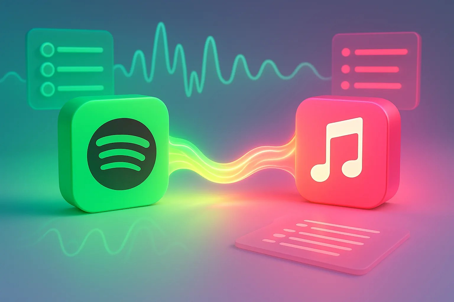 A visual guide on how to transfer a Spotify playlist to Apple Music, showing the two service logos connected.