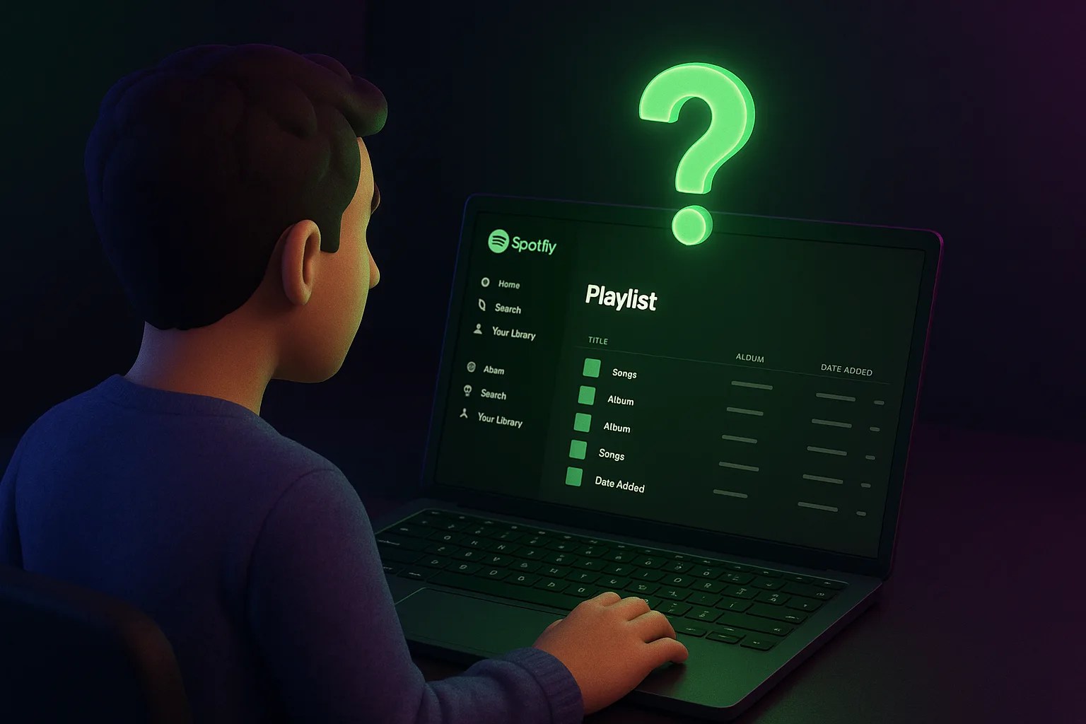 A person looking curiously at a floating Spotify playlist icon, illustrating the question of how to see who saved your Spotify playlist.