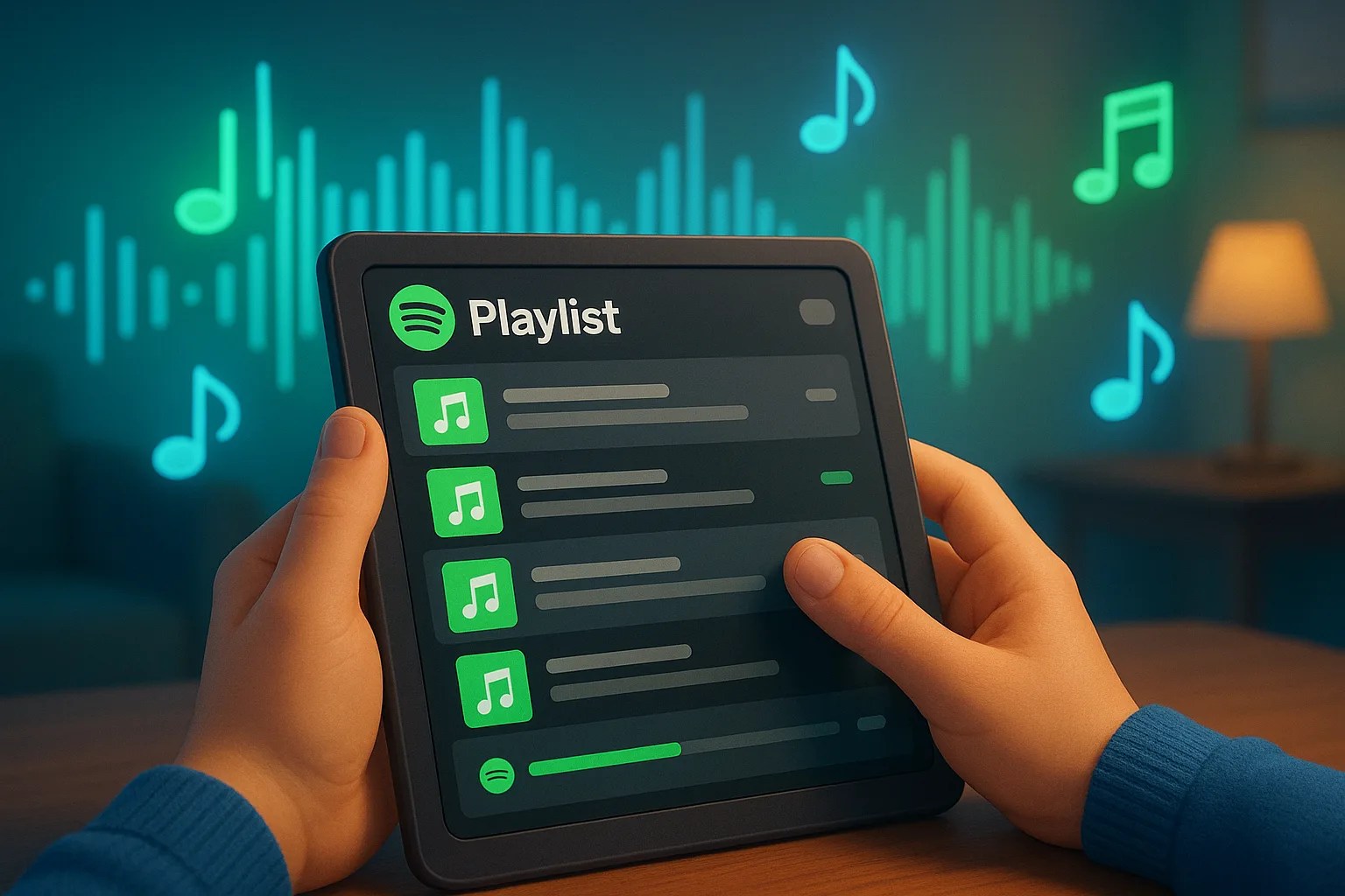 A person's hands arranging music notes on a screen, illustrating how to make a playlist on Spotify.