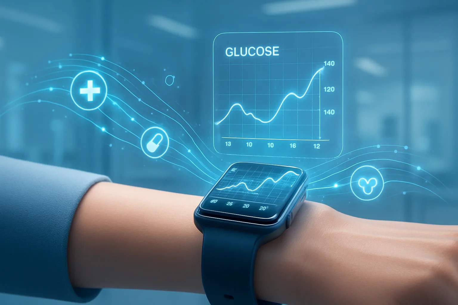 A futuristic smartwatch showing a blood sugar graph, with "smartwatch monitors blood sugar" displayed in the title.