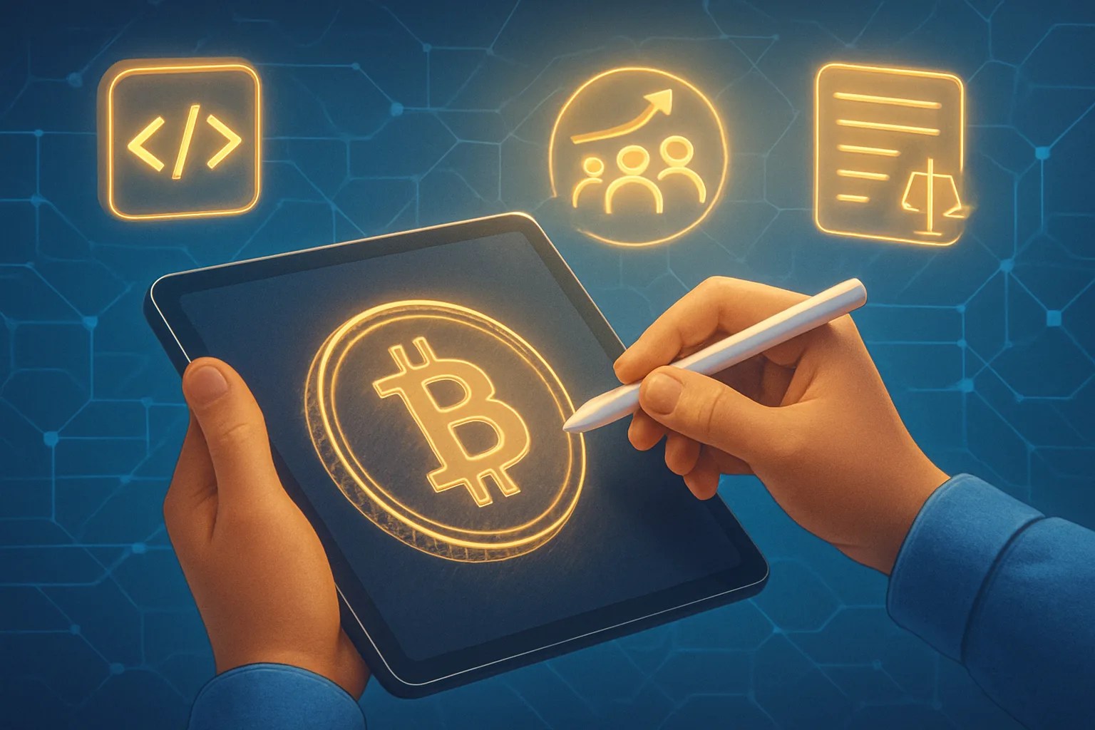A step-by-step guide explaining how to create a cryptocurrency on a futuristic blockchain background.