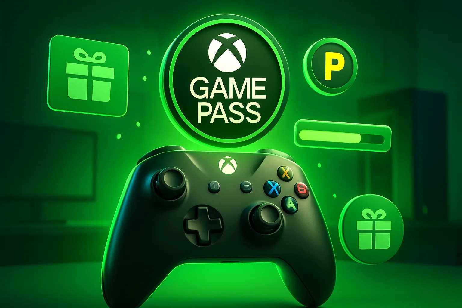 Xbox controller with the Game Pass logo hovering above it, surrounded by gift card icons and reward points.