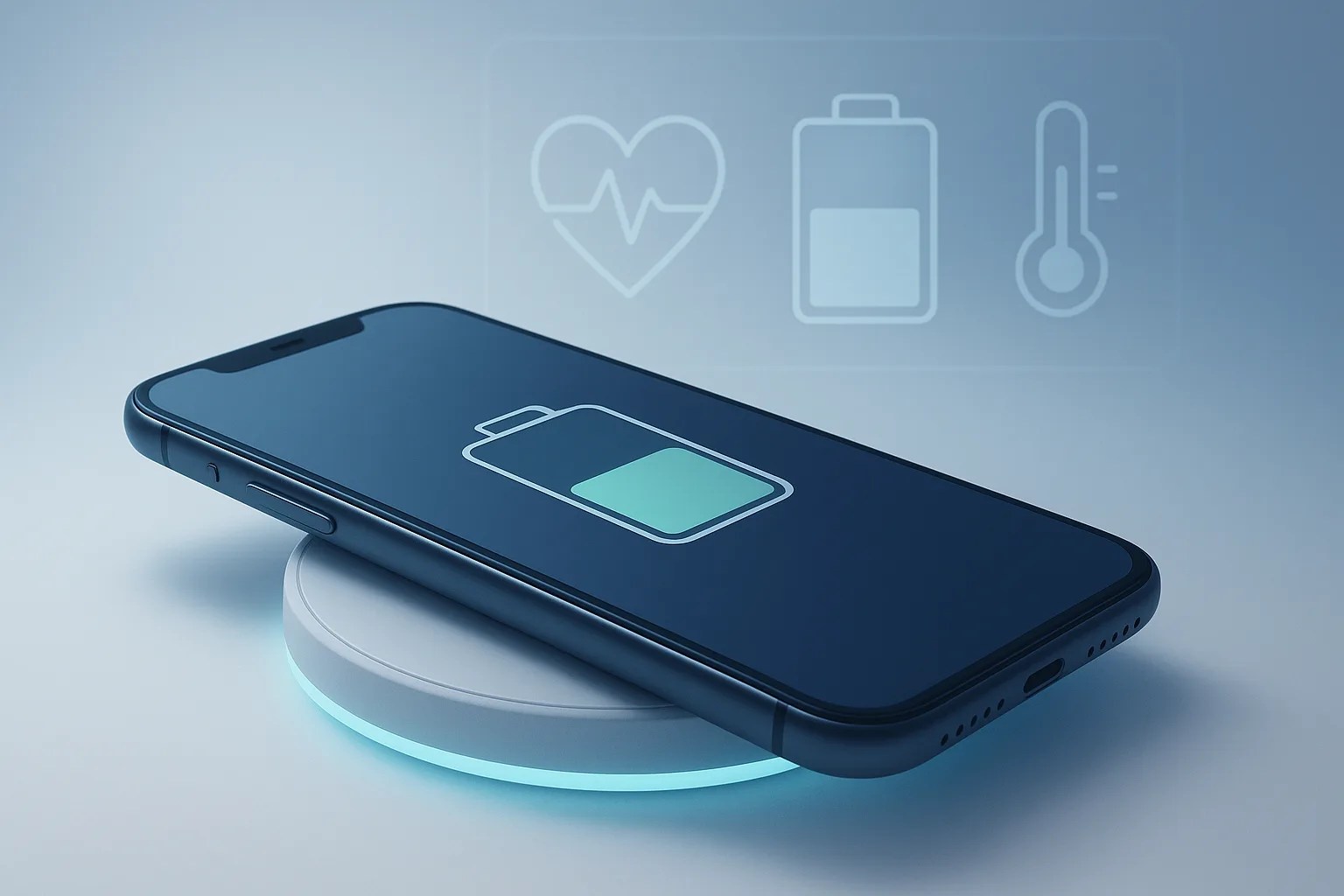 A smartphone on a wireless charging pad with graphics in the background illustrating battery health, addressing the question: is wireless charging bad for battery life.