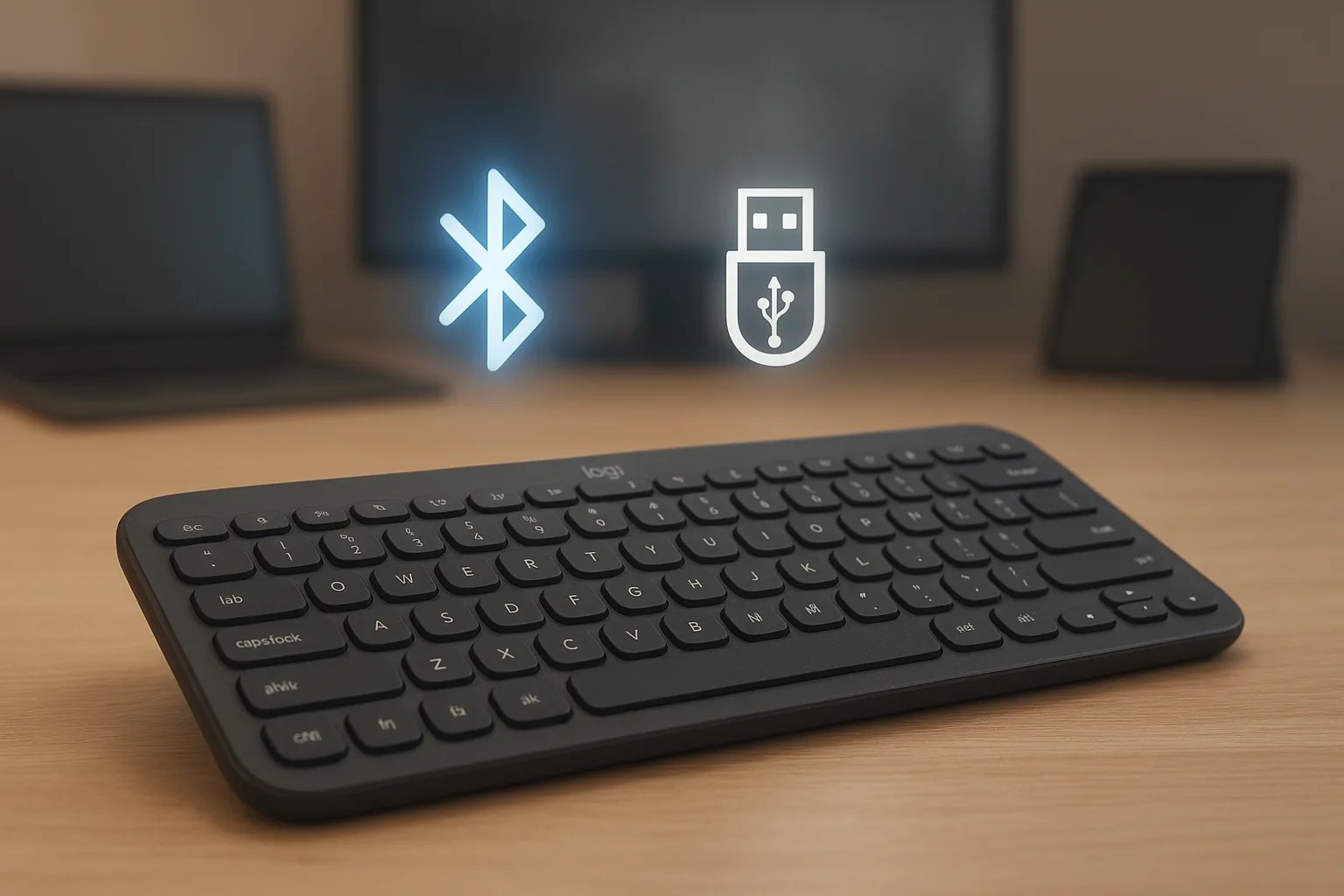 A Logitech keyboard being connected to a laptop, with Bluetooth and USB receiver icons visible.