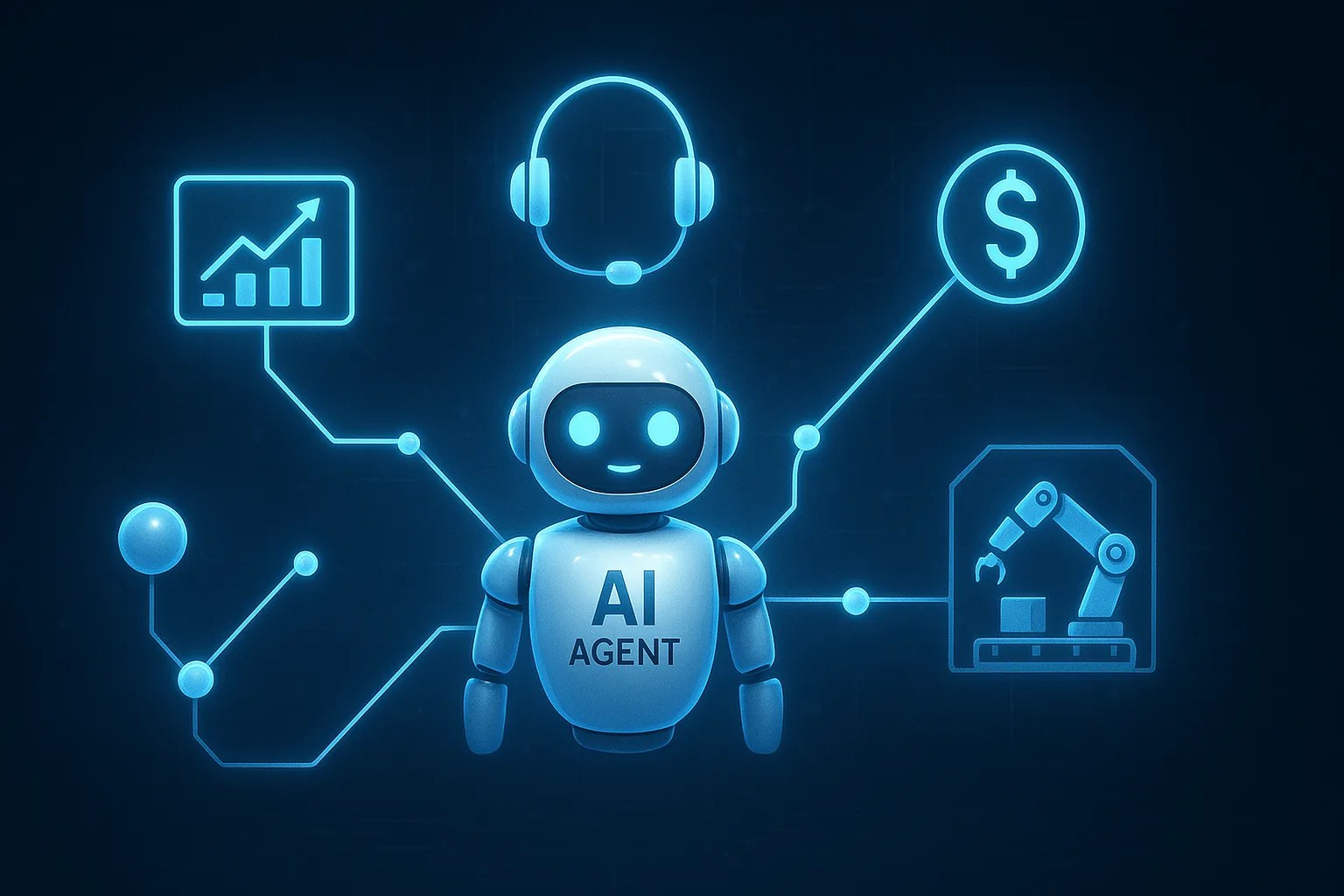 An illustration of a central AI brain with nodes extending to various industries, representing what is agentic AI.