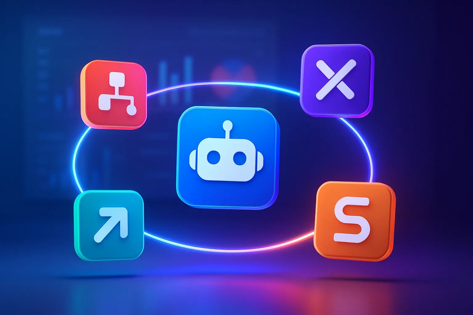 A 3D illustration of five colorful nodes representing the top Zapier alternatives for no-code automation, connected by glowing data pathways on a modern dashboard.
