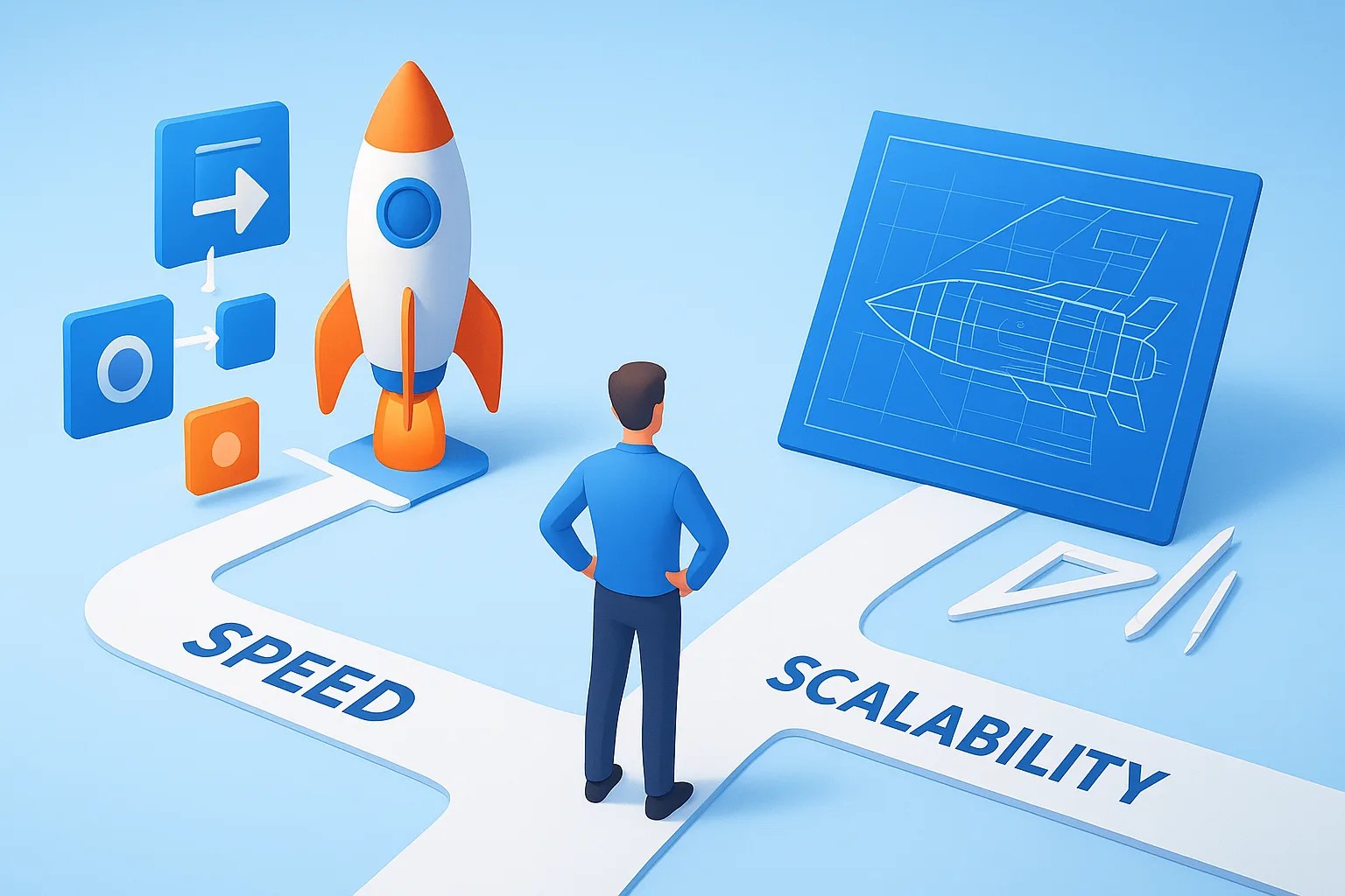 An illustration showing a founder choosing between the speed offered by low-code tools for startups and the long-term scalability of traditional development.