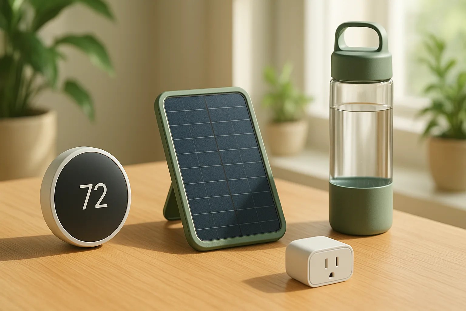 A collection of sustainable gadgets, including a smart thermostat and solar charger, displayed in a modern home setting.