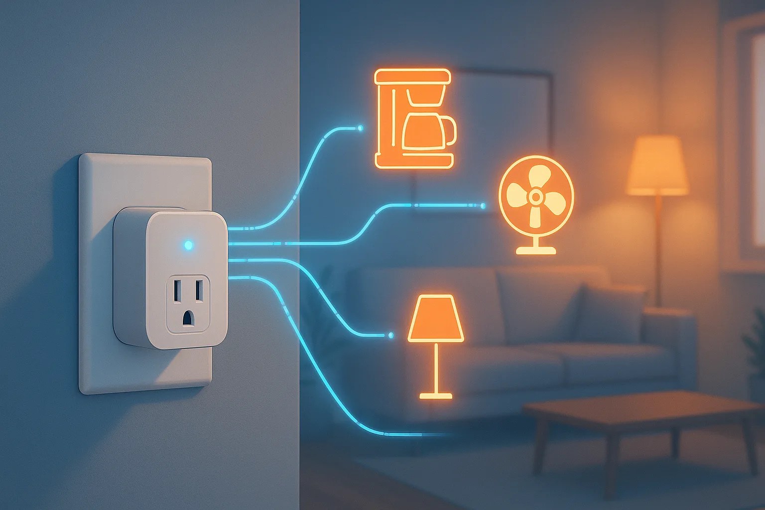 An illustration showing several creative uses for smart plugs, with a central plug connected to different home appliances.