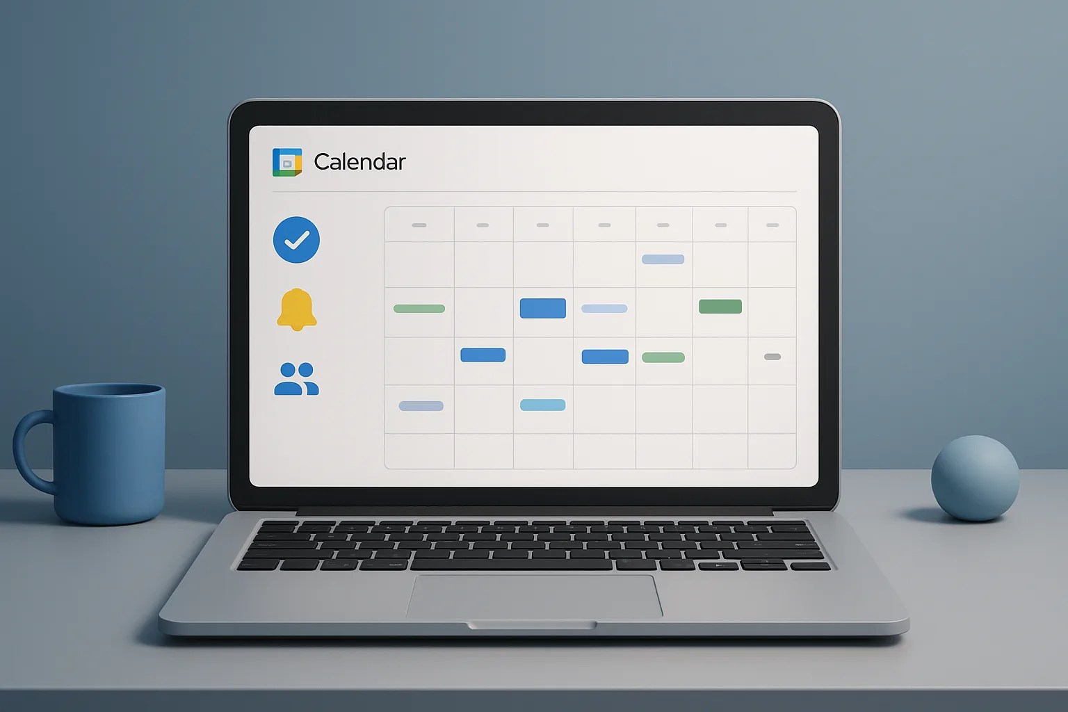 A 3D illustration showing how to use Google Calendar effectively, with event blocks and task icons arranged neatly.