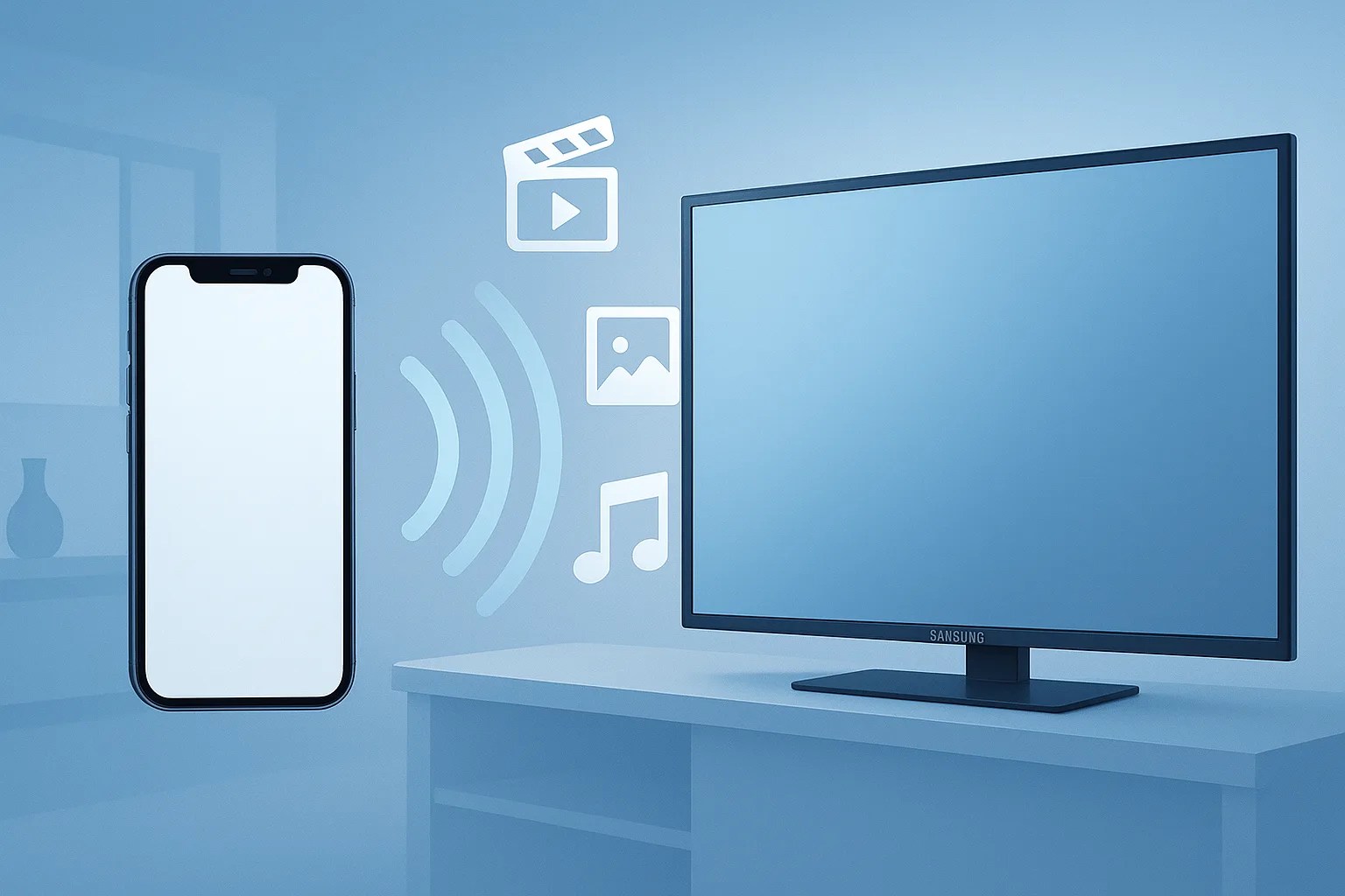 A person using AirPlay from an iPhone to a Samsung TV to stream content in their living room.