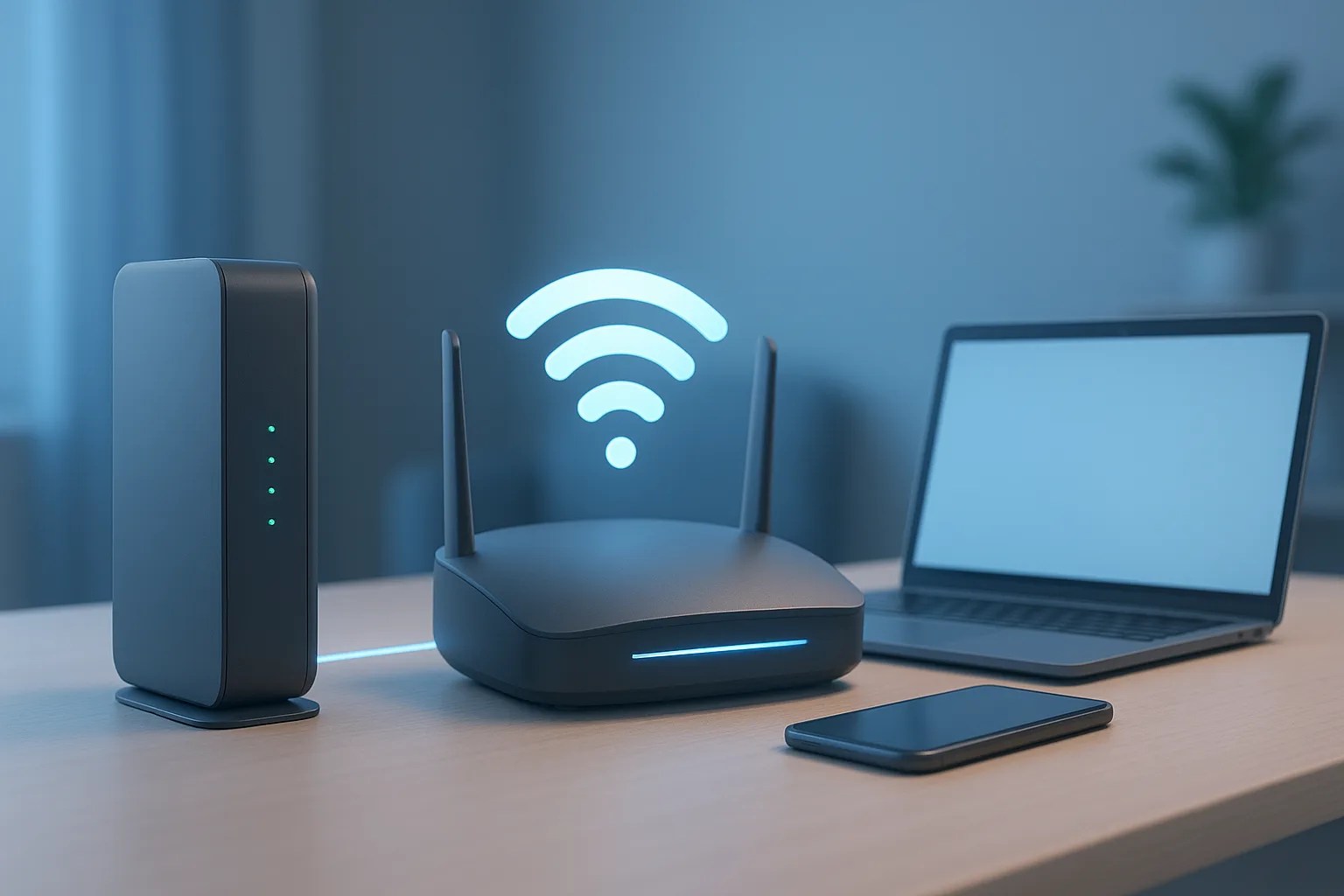 A 3D illustration clarifying the difference between a modem and a router, with each device connected to the internet and home devices respectively.