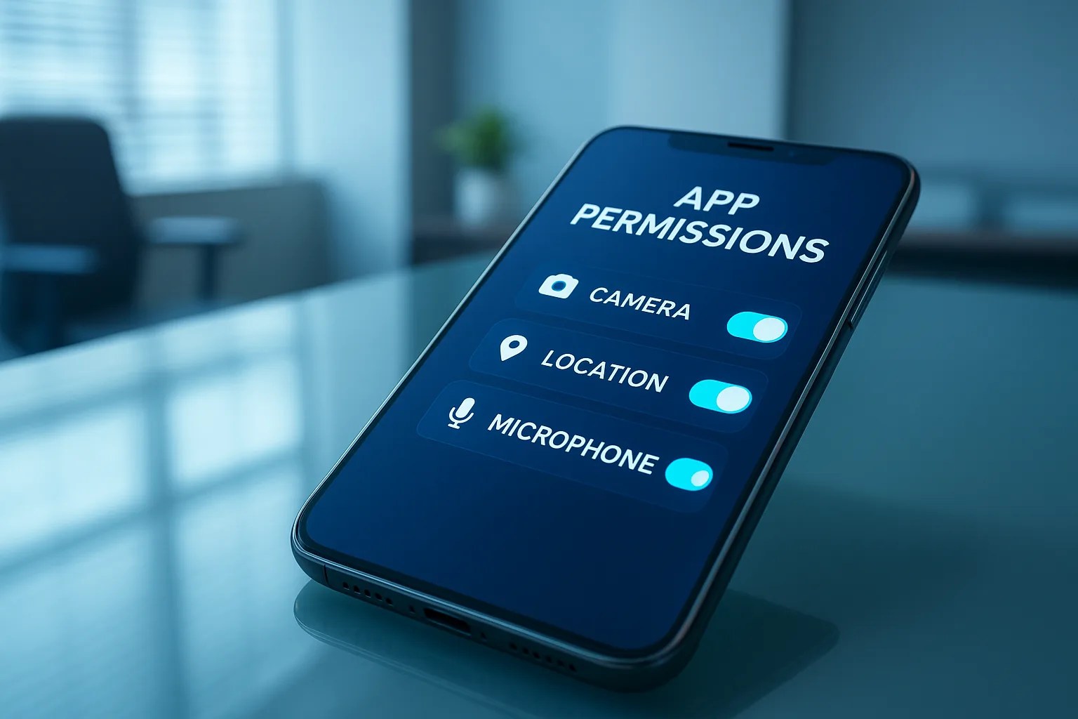 A smartphone screen showing options to manage app permissions for the camera, location, and microphone, with a security shield in the background.