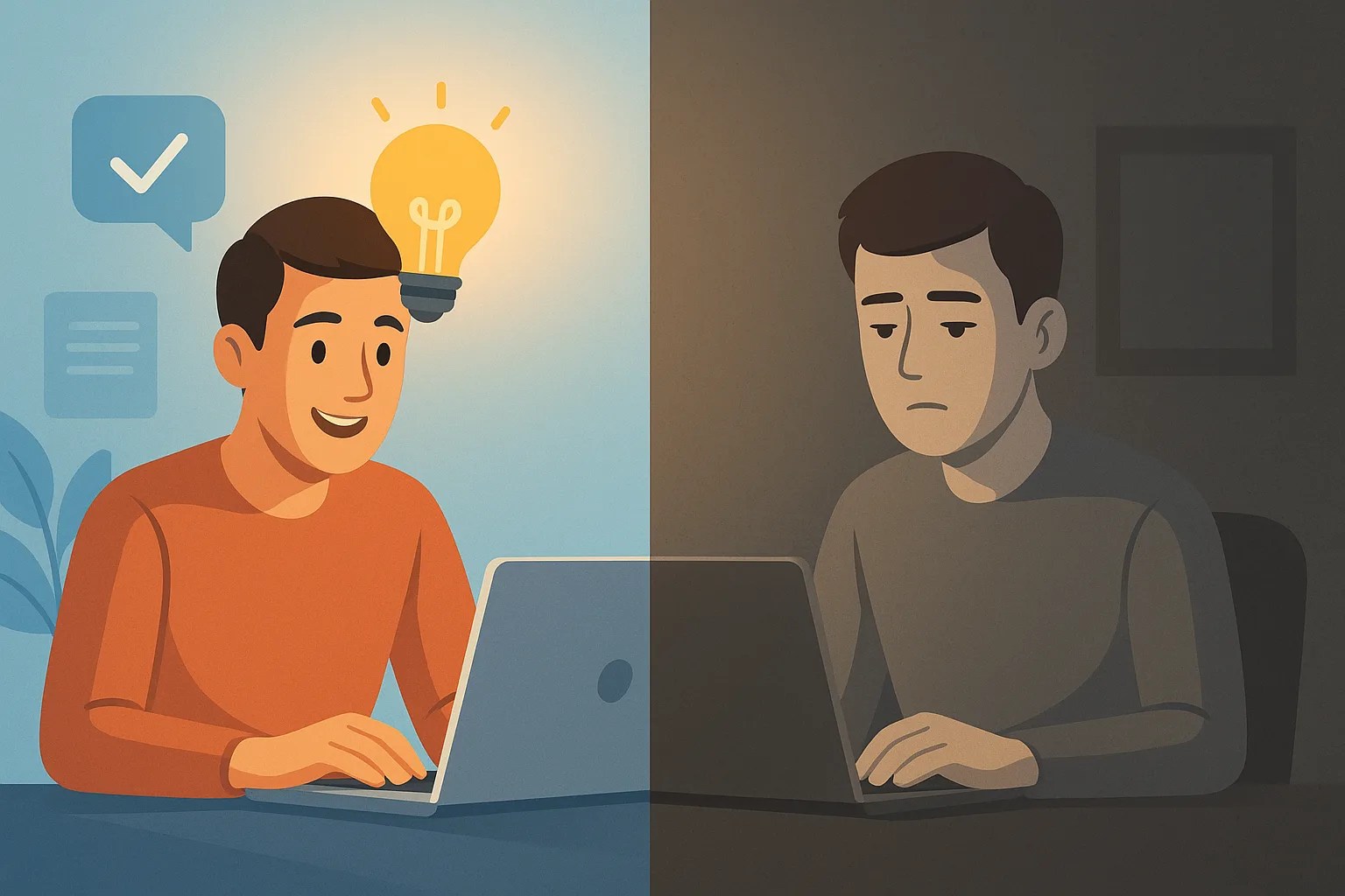 A symbolic image showing the two sides of AI usage, representing the question: Does AI make you dumber or smarter?