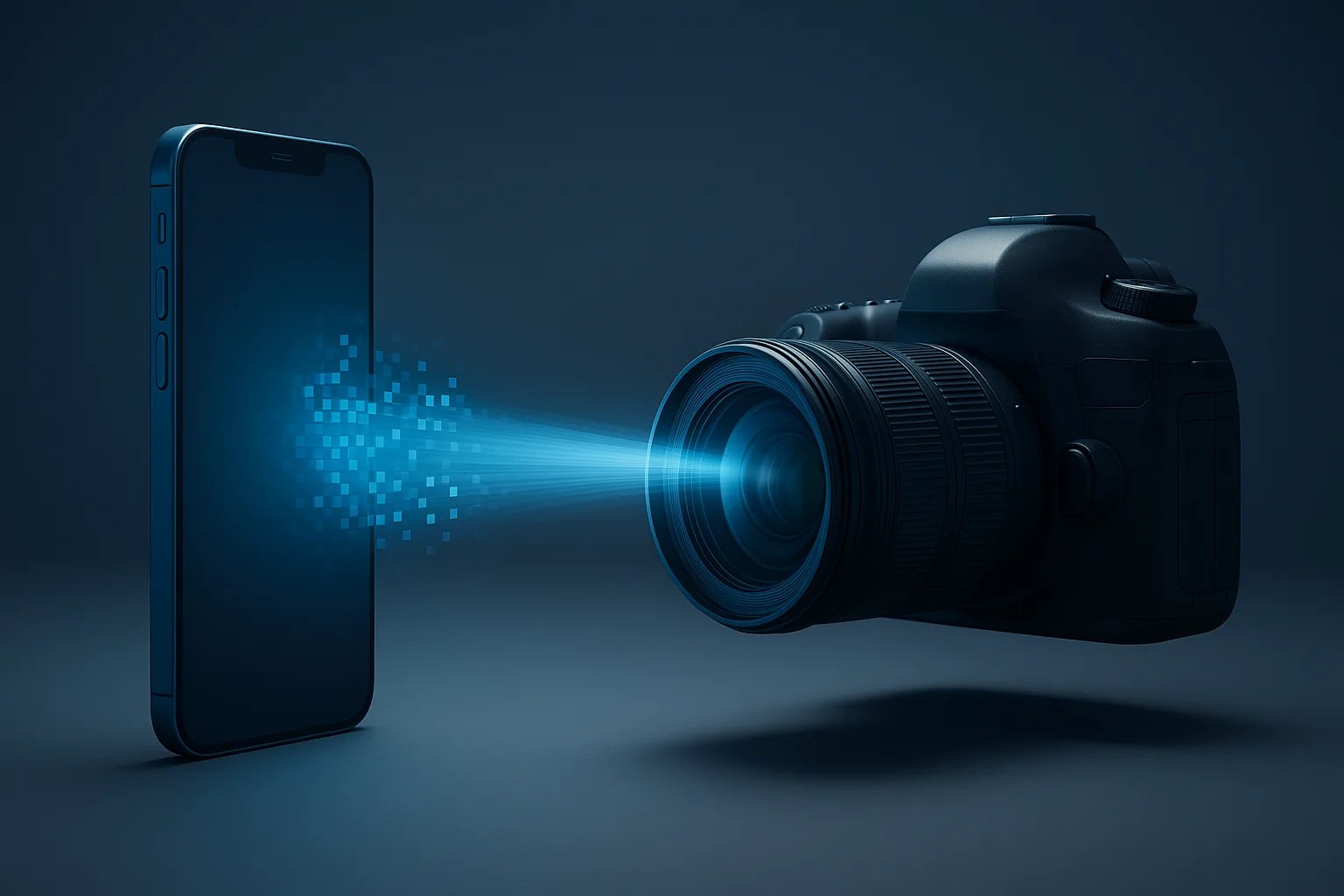 A smartphone and a real camera facing each other, illustrating the smartphones vs real cameras debate.