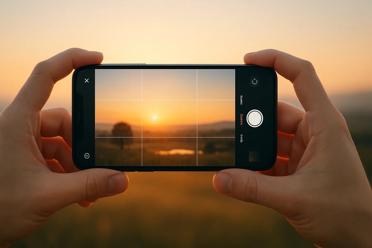 A person holding a smartphone steady to improve their smartphone photos using gridlines during golden hour.