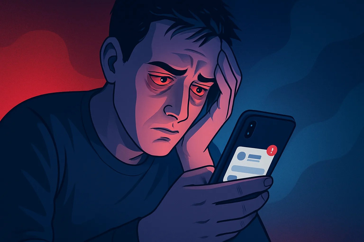a person distresed and strained eyes doomscrolling on a smartphone social media app.