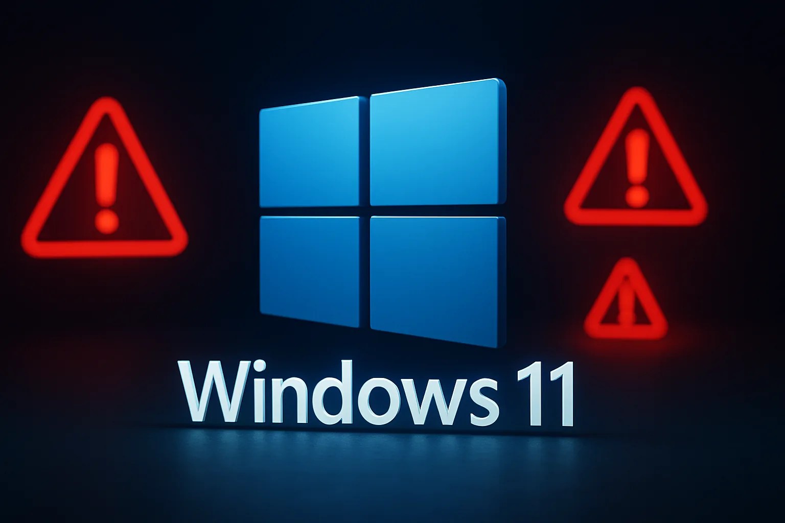 A windows 11 logo with warning icons around, representing potential downsides