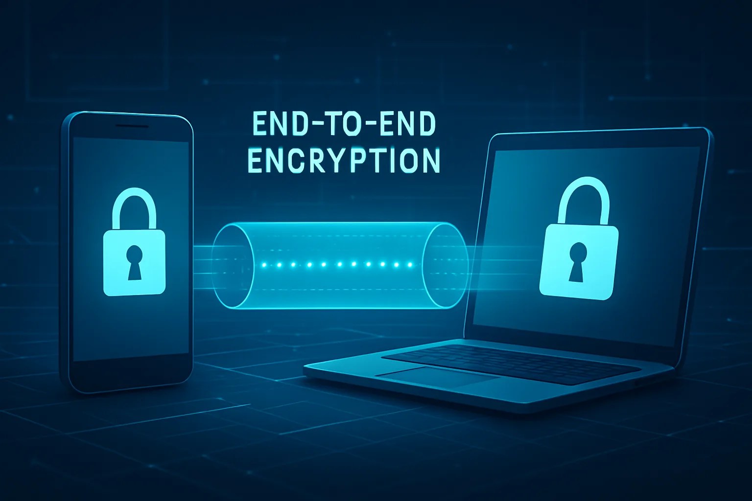 An illustration explaining end-to-end encryption, showing a locked message passing from a sender to a recipient, bypassing a server that cannot read it.