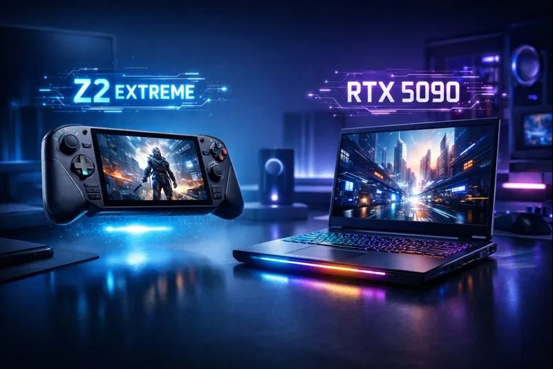 Comparison illustration of a 2026 handheld gaming PC vs a gaming laptop with holographic specs.