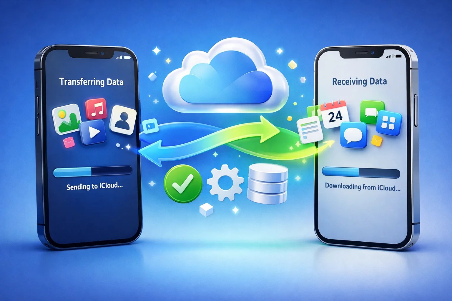 A 3D illustration of data transferring between two iPhones via iCloud.