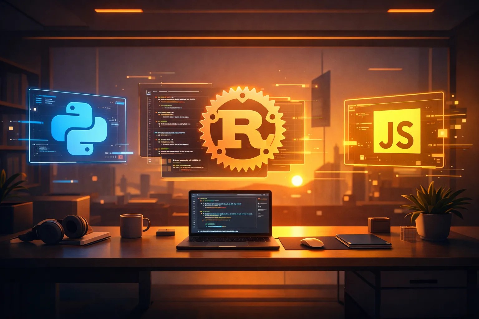 D illustration of relevant coding languages in 2026 including Python and Rust.