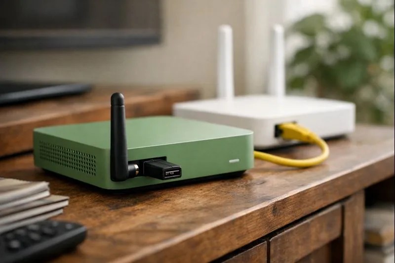 A physical smart home hub device with a Zigbee antenna dongle connected via ethernet on a wooden shelf.