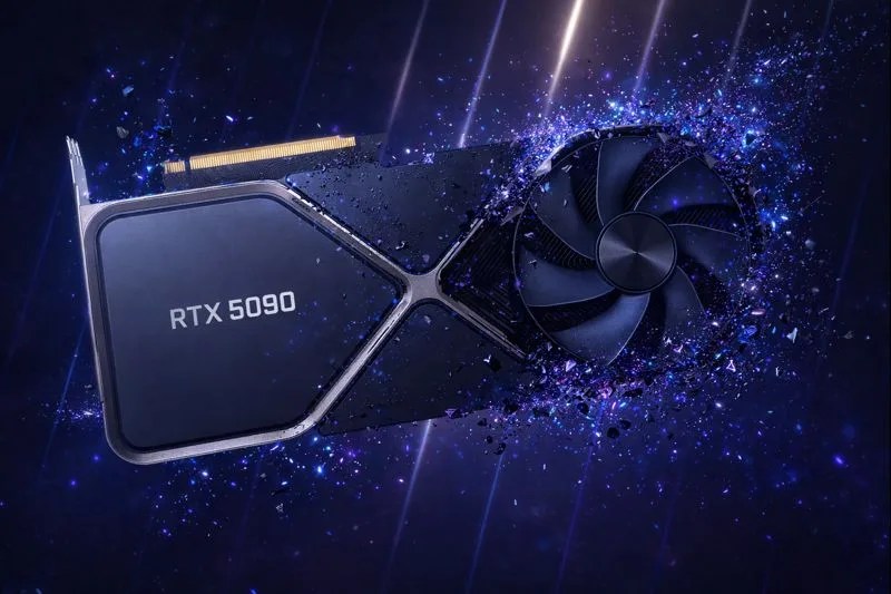 nvidia rtx 5090 graphics card disintegrating into particles