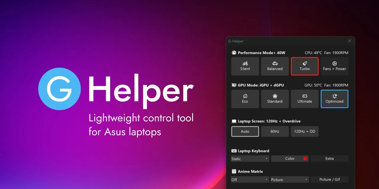 G-Helper interface showing performance metrics on an Asus laptop.