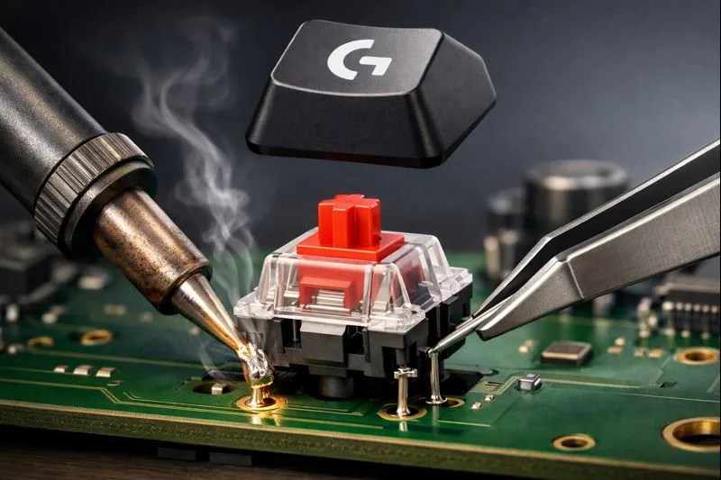 A broken mechanical keyboard switch being removed from a circuit board.