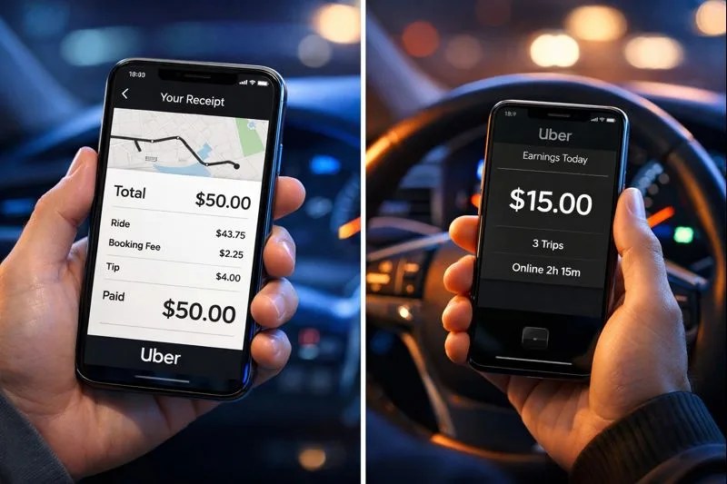 Split screen illustration showing the disparity between Uber rider fare and driver earnings.