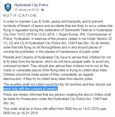 Facebook message of Hyderabad Police that was misinterpreted on social media as a blanket ban on kite flying during Sankranti (Facebook)