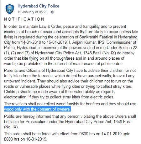 Facebook message of Hyderabad Police that was misinterpreted on social media as a blanket ban on kite flying during Sankranti (Facebook)