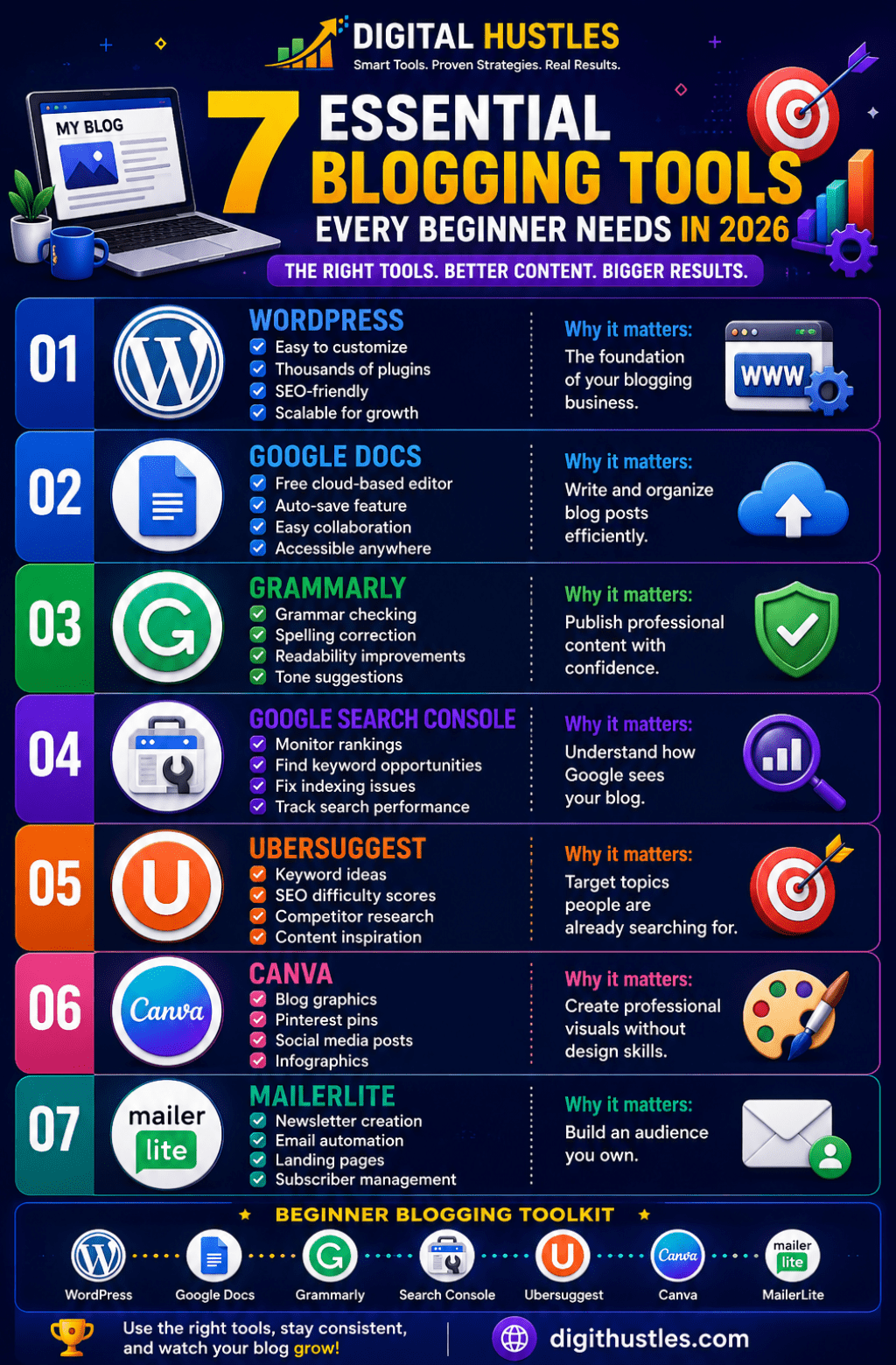 7 Essential Blogging Tools Chart from Digital Hustles