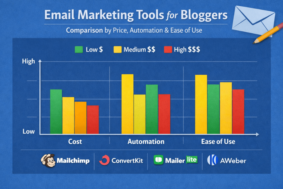 Pricing comparison of Mailchimp, ConvertKit, MailerLite, Beehiiv, and AWeber for blogger