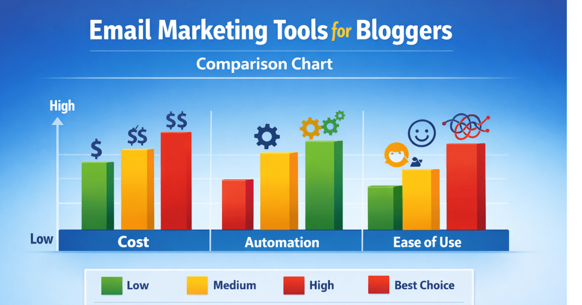 Bar chart infographic comparing email marketing tools for bloggers by price, automation, and ease of use