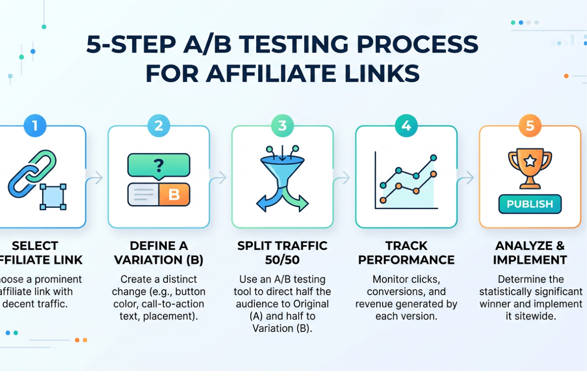 5-step A/B affiliate testing process infographic.