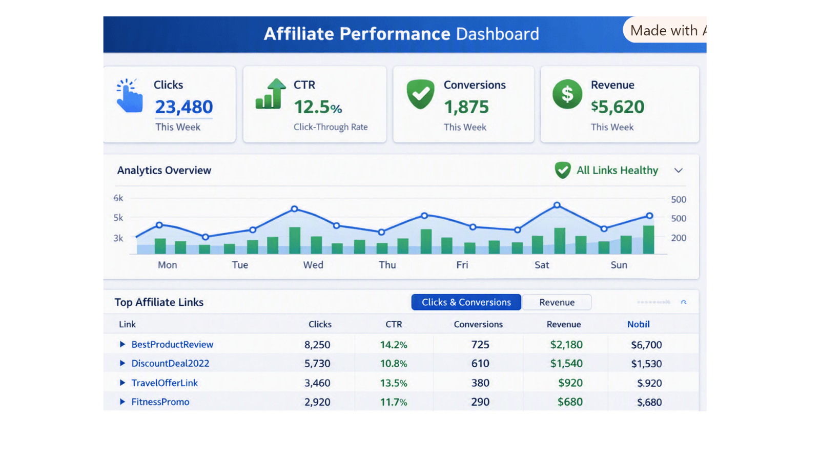 Affiliate link tracking dashboard showing clicks CTR conversions and link health