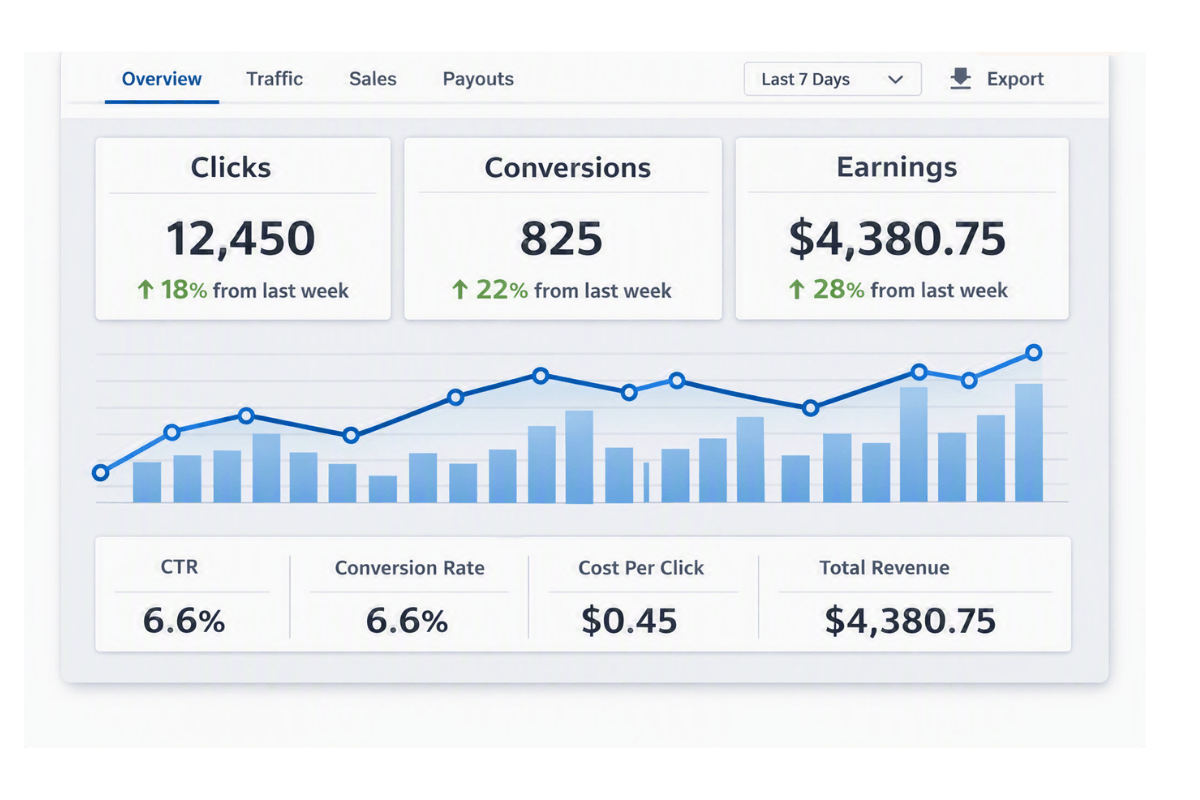 Affiliate dashboard showing clicks and conversions for affiliate marketing with YouTube"