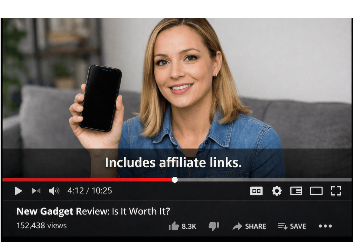 Example of a clear on-screen affiliate disclosure during a YouTube video