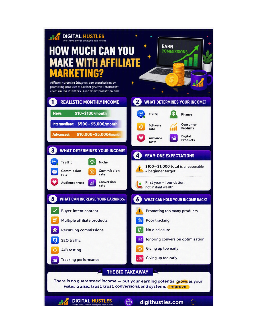 “Digital Hustles infographic showing realistic affiliate marketing income levels, factors affecting earnings, niche comparisons, and tips to increase or protect income for beginners.