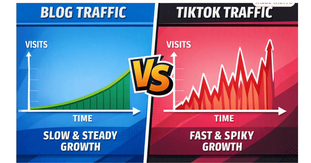 Affiliate marketing with TikTok traffic pattern versus blog traffic.
